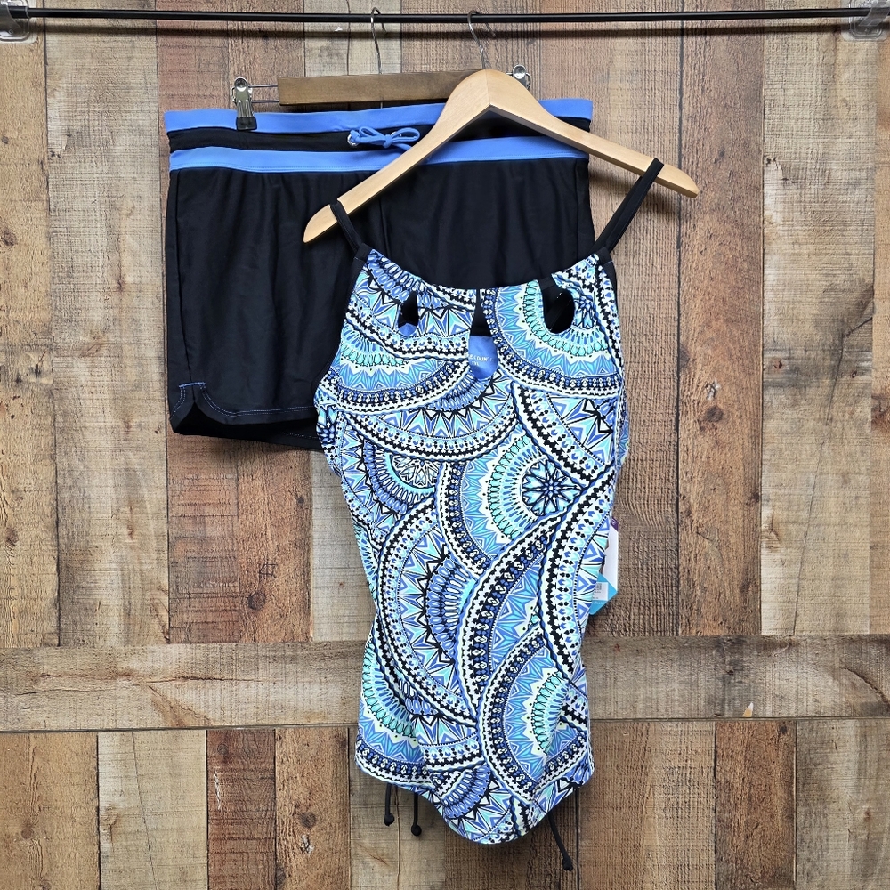 Free Country Two Piece Tankini Short Swim Set Blue Mist Black Size XXL New